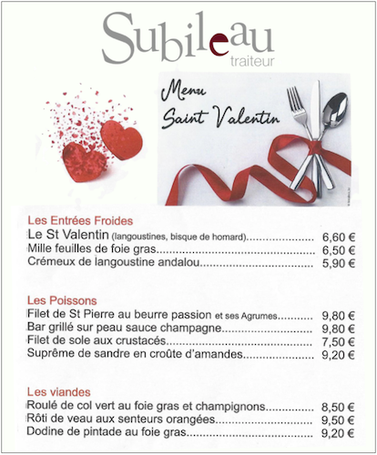 Menu St-Valentin Subileau Grand Maine Angers