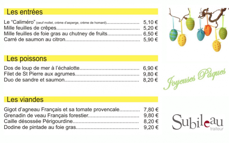 Menus de Pâques traiteur La Renommée Angers Grand Maine