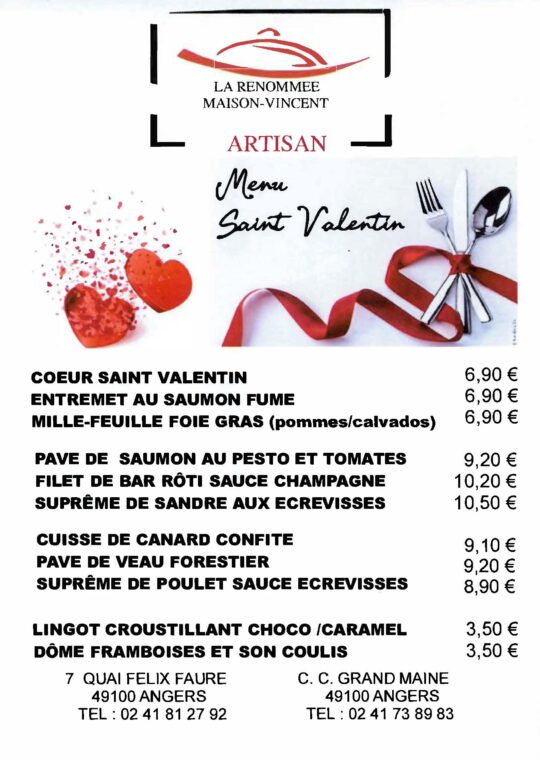 Menu de La Renomméé à Grand Maine pour la Saint-Valentin